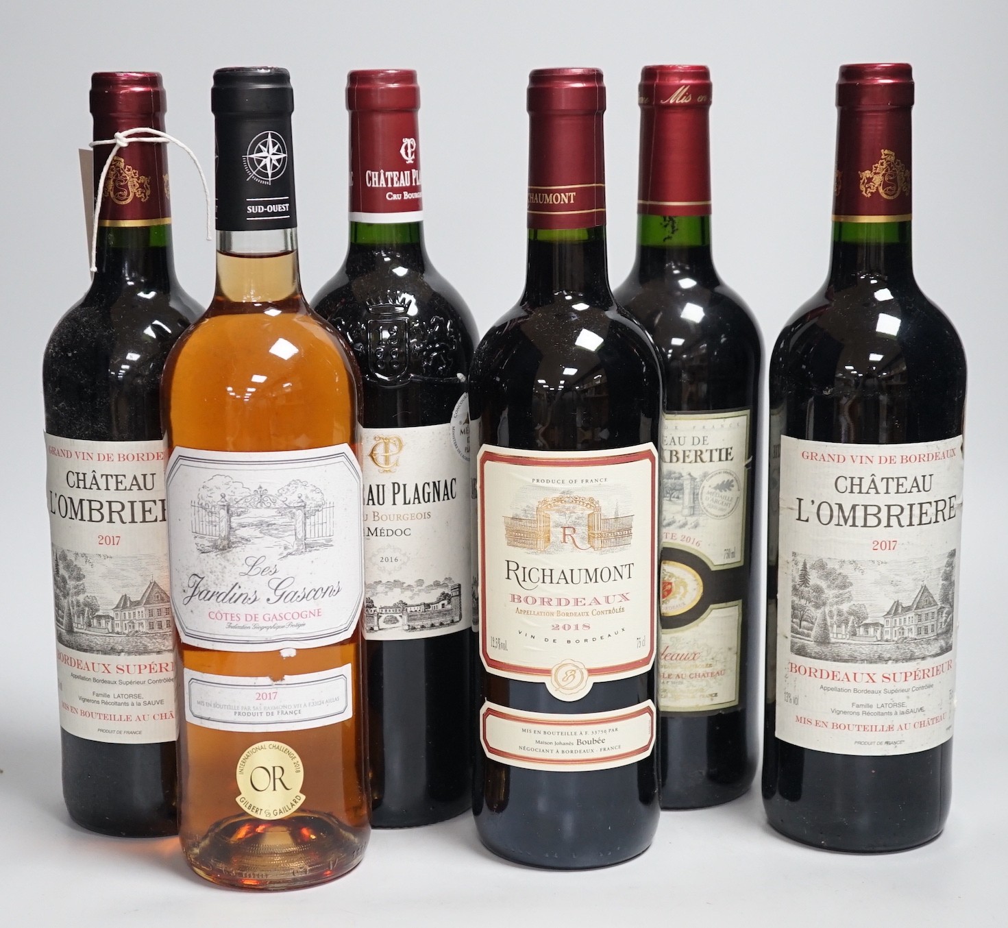 Six bottles of assorted Bordeaux - Chateau L’Ombriere 2017 x2, Les Jardins Gascons Cotes De Gascogne 2017, Chateau Plagnac Medoc 2016, Richaumont 2018 and Chateau La Lambertie 2016